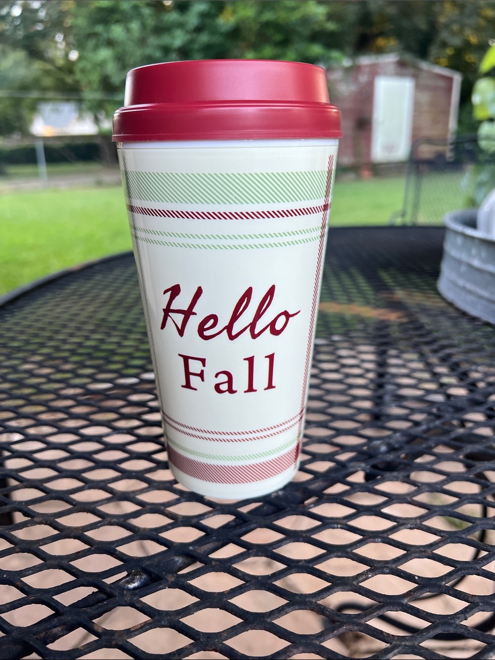 Hello Fall Travel Mug - Red and Cream Seasonal Tumbler